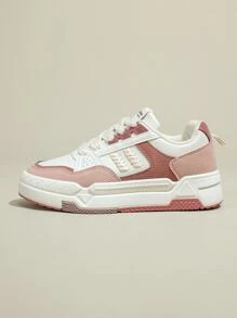 Colorblock Lace-up Front Skate Shoes, Ladies' Pink Colorblock Sneakers With Patchwork Design - Pink - View 3