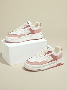Colorblock Lace-up Front Skate Shoes, Ladies' Pink Colorblock Sneakers With Patchwork Design - Pink - View 4