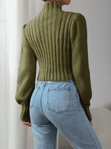 SHEIN Privé Mock Neck Lantern Sleeve Jumper - Army Green - View 2