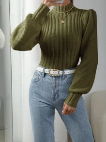 SHEIN Privé Mock Neck Lantern Sleeve Jumper - Army Green - View 3