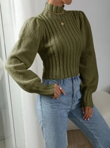 SHEIN Privé Mock Neck Lantern Sleeve Jumper - Army Green - View 4