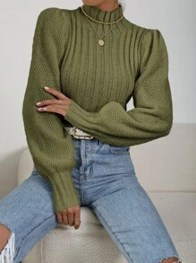 SHEIN Privé Mock Neck Lantern Sleeve Jumper - Army Green - View 5