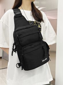 Letter Patch Decor Sling Bag - Black - View 1