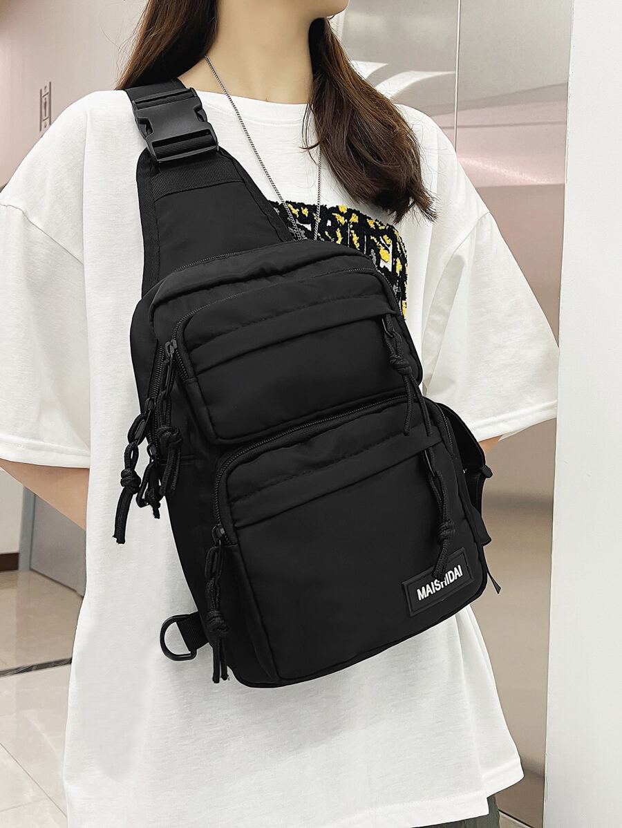 Letter Patch Decor Sling Bag - Black - View 1