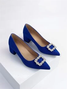 Zapatos de tacón con diseño de diamante de imitación de punta con tacón grueso de serraje falso - Azul - Ver 1