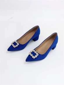 Zapatos de tacón con diseño de diamante de imitación de punta con tacón grueso de serraje falso - Azul - Ver 3