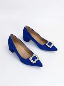 Zapatos de tacón con diseño de diamante de imitación de punta con tacón grueso de serraje falso - Azul - Ver 4