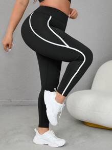 Yoga Basic Plus Contrast Binding Tummy Control Sports Leggings - Black - View 1