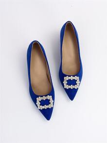 Zapatos de tacón con diseño de diamante de imitación de punta con tacón grueso de serraje falso - Azul - Ver 5