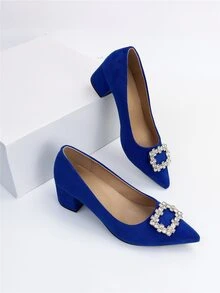 Zapatos de tacón con diseño de diamante de imitación de punta con tacón grueso de serraje falso - Azul - Ver 7