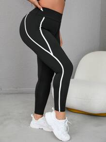 Yoga Basic Plus Contrast Binding Tummy Control Sports Leggings - Black - View 5