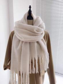 1pc Solid Fringe Hem Scarf Tassel Scarf Casual Winter Scarf