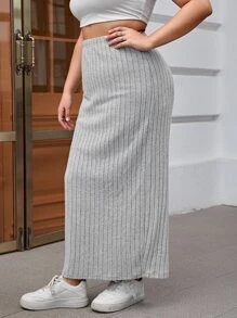 SHEIN EZwear 大碼高腰條紋針織半身裙 - 淺灰色 - 查看 5