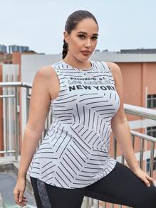 Gameset SHEIN Sport Plus Letter & Striped Print Cut Out Back Sports Tank Top - White - View 3