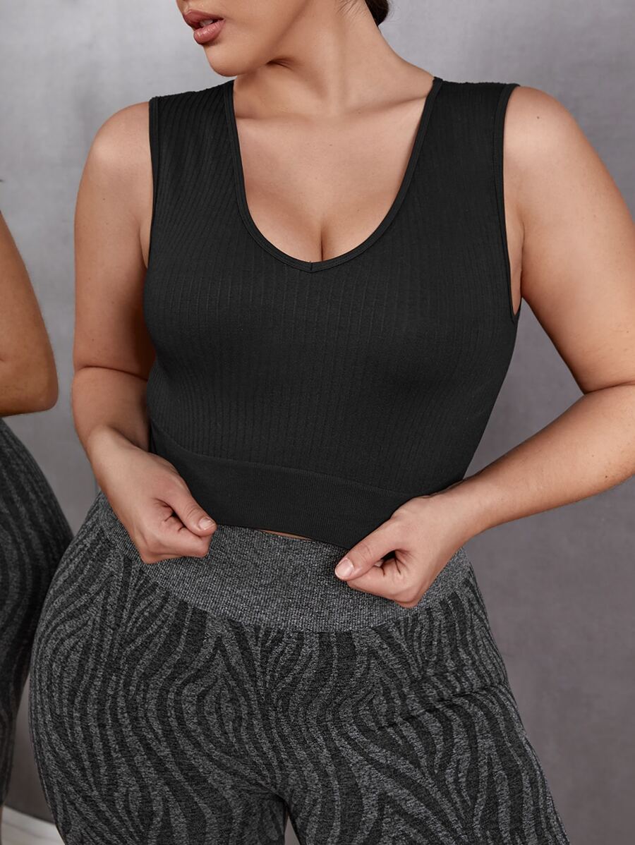 Sujetador deportivo unicolor tejido de canalé - Negro - Ver 1