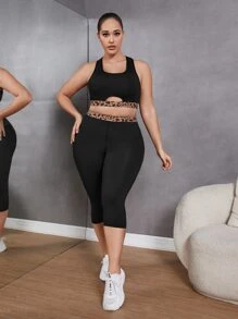 SHEIN Yoga Basic Conjunto deportivo con estampado de lunares con abertura delantera - Negro - Ver 5
