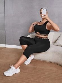 SHEIN Yoga Basic Conjunto deportivo con estampado de lunares con abertura delantera - Negro - Ver 6