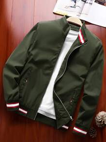 Manfinity Homme 寬鬆男士帶條紋裝飾的帶拉鍊夾克外套（不包括t恤） - 軍綠色 - 查看 1