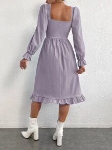 SHEIN Unity Vestido de cuello cuadrado de manga con volante bajo con fruncido - Morado - Ver 2