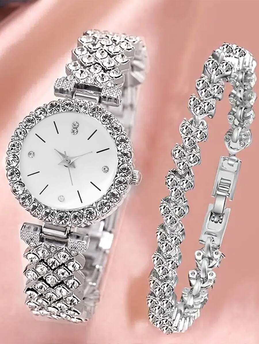 1入組水鑽裝飾石英表和1入組手環 - 銀色 - 查看 1