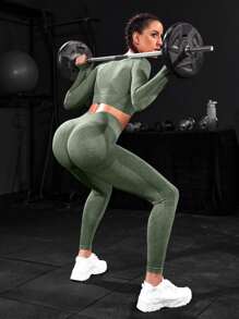 Powerista 无缝插肩袖运动套装 女士健身套装 - 軍綠色 - 查看 2