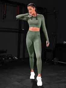 Powerista 无缝插肩袖运动套装 女士健身套装 - 軍綠色 - 查看 6