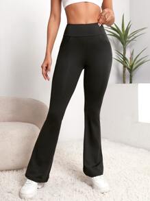 Easithlete Yoga Tight Pants Wide Waistband Flare Leggings With Phone Pocket - Black - View 3