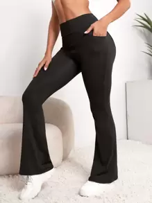 Easithlete Yoga Tight Pants Wide Waistband Flare Leggings With Phone Pocket - Black - View 4