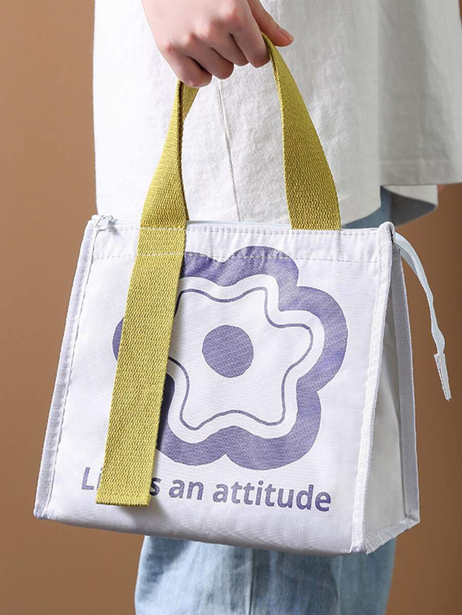 1pc Flower Print Insulation Lunch Bag - White - View 1