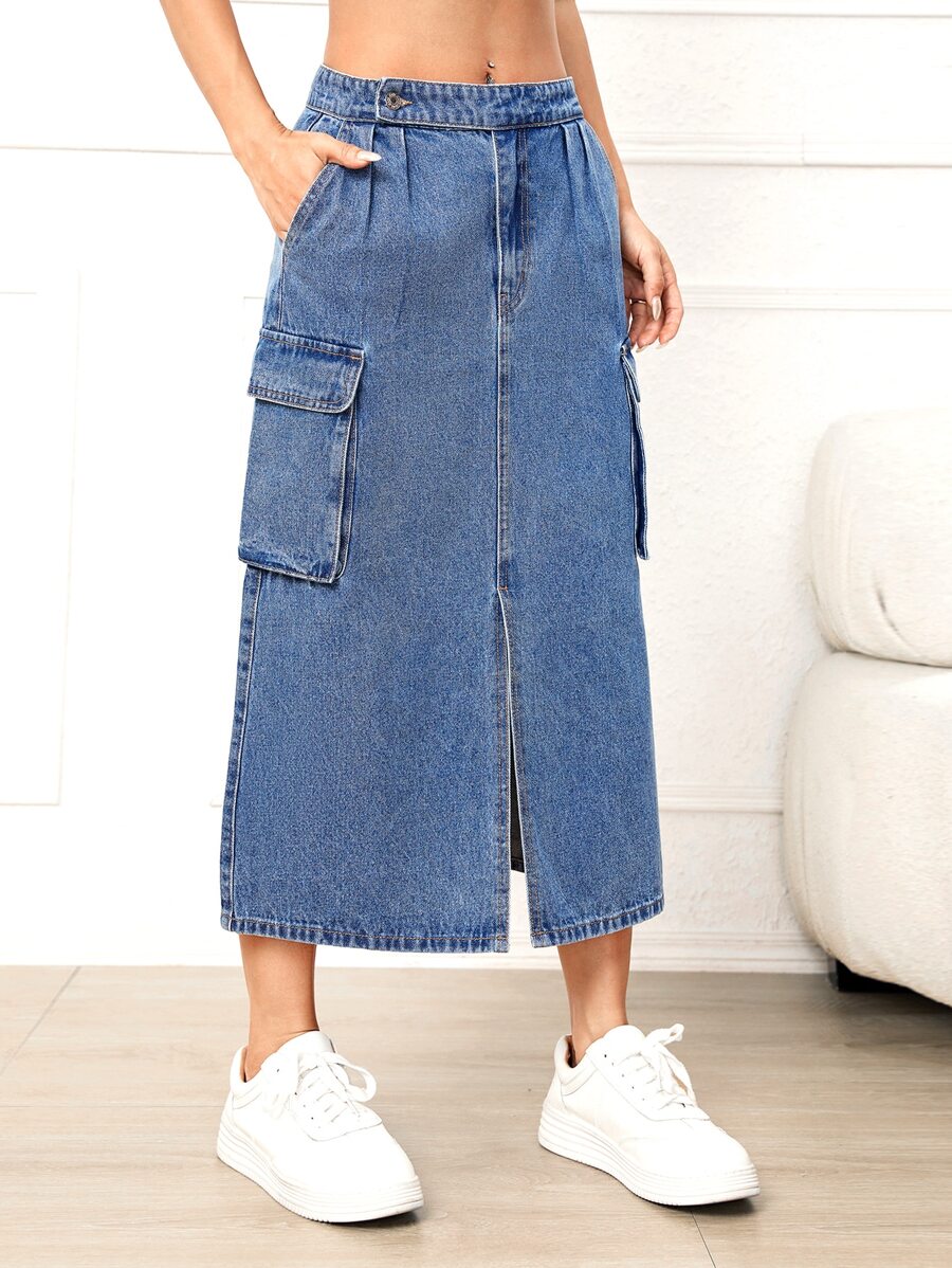 Flap Pocket Split Hem Denim Skirt - Medium Wash - View 1