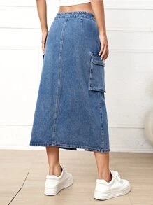 Flap Pocket Split Hem Denim Skirt - Medium Wash - View 2