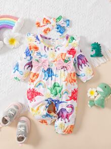 Baby Cartoon Graphic Ruffle Trim Bow Front Jumpsuit With Headband - White - View 1