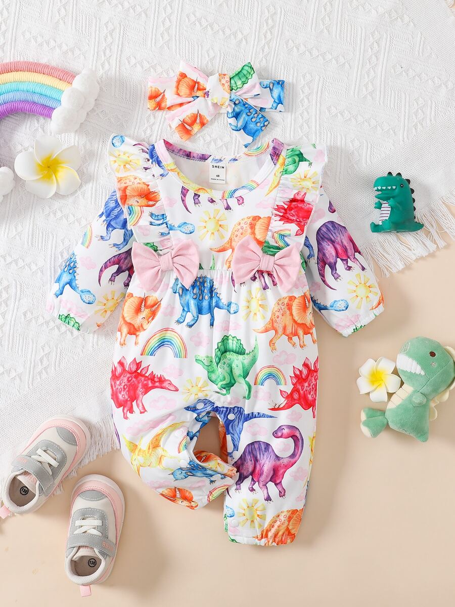Baby Cartoon Graphic Ruffle Trim Bow Front Jumpsuit With Headband - White - View 1