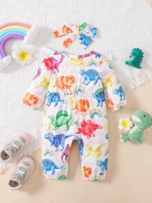 Baby Cartoon Graphic Ruffle Trim Bow Front Jumpsuit With Headband - White - View 2