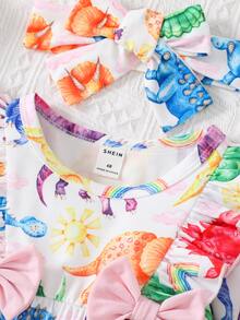 Baby Cartoon Graphic Ruffle Trim Bow Front Jumpsuit With Headband - White - View 3