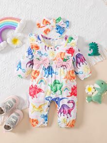 Baby Cartoon Graphic Ruffle Trim Bow Front Jumpsuit With Headband - White - View 4