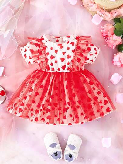 嬰兒愛心圖案荷葉邊網紗覆蓋連衣裙