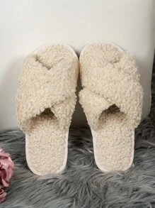 Cross Strap Fluffy Bedroom Slippers - Beige - View 5