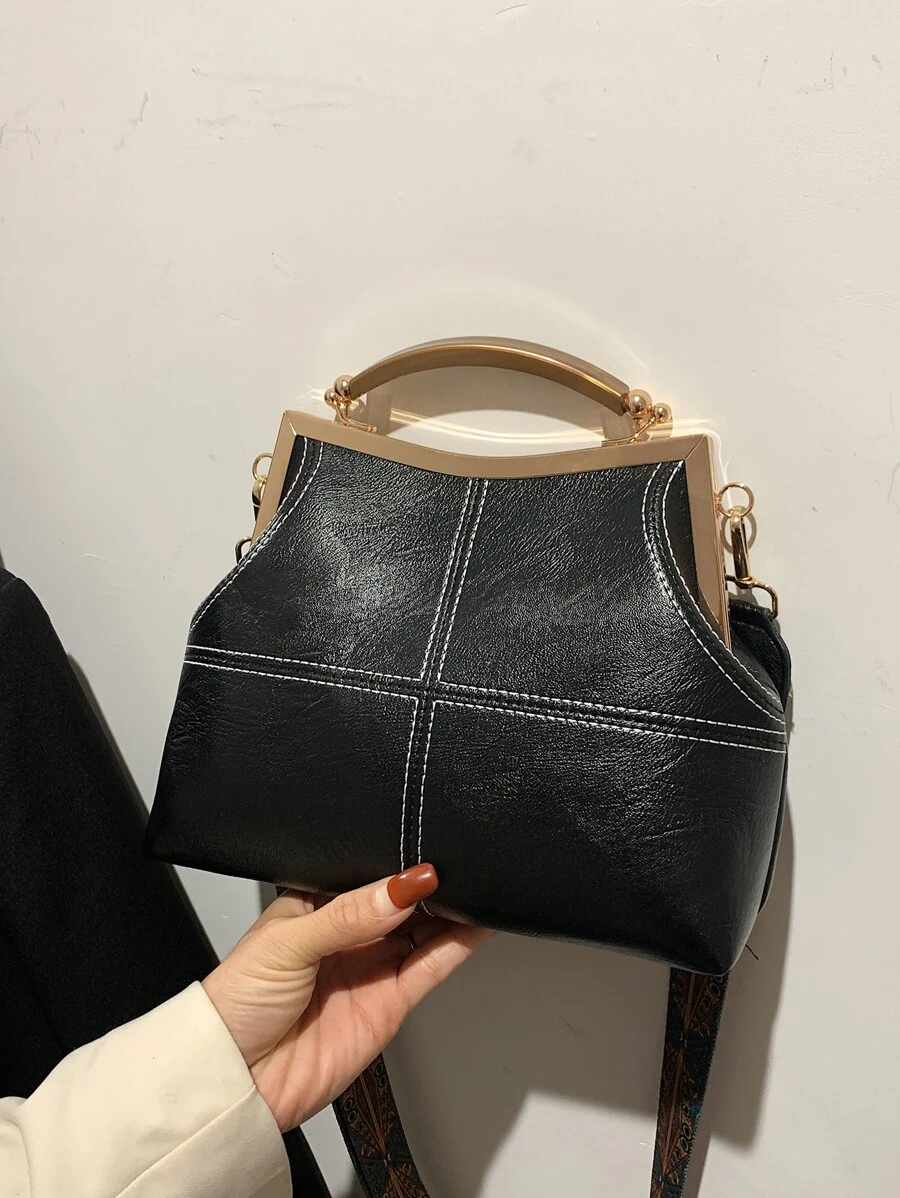 Stitch Detail Square Bag - Black - View 1