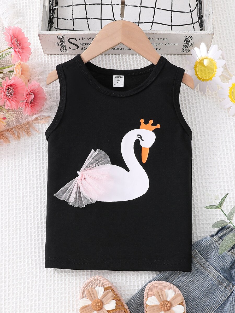 Toddler Girls Cartoon Graphic Contrast Mesh Tank Top - Black - View 1
