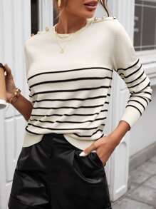 SHEIN LUNE Striped Pattern Button Detail Sweater In Fall/Winter - Beige - View 1
