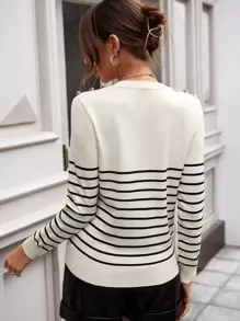 SHEIN LUNE Striped Pattern Button Detail Sweater In Fall/Winter - Beige - View 2