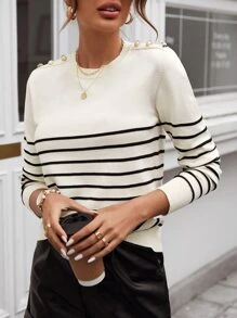 SHEIN LUNE Striped Pattern Button Detail Sweater In Fall/Winter - Beige - View 4