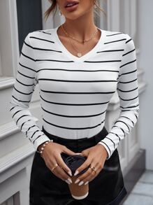SHEIN Frenchy Striped Print V Neck Bodysuit Winter Casual - Black and White - View 3
