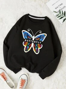 SHEIN EZwear Butterfly & Letter Graphic Thermal Lined Sweatshirt - Black - View 1