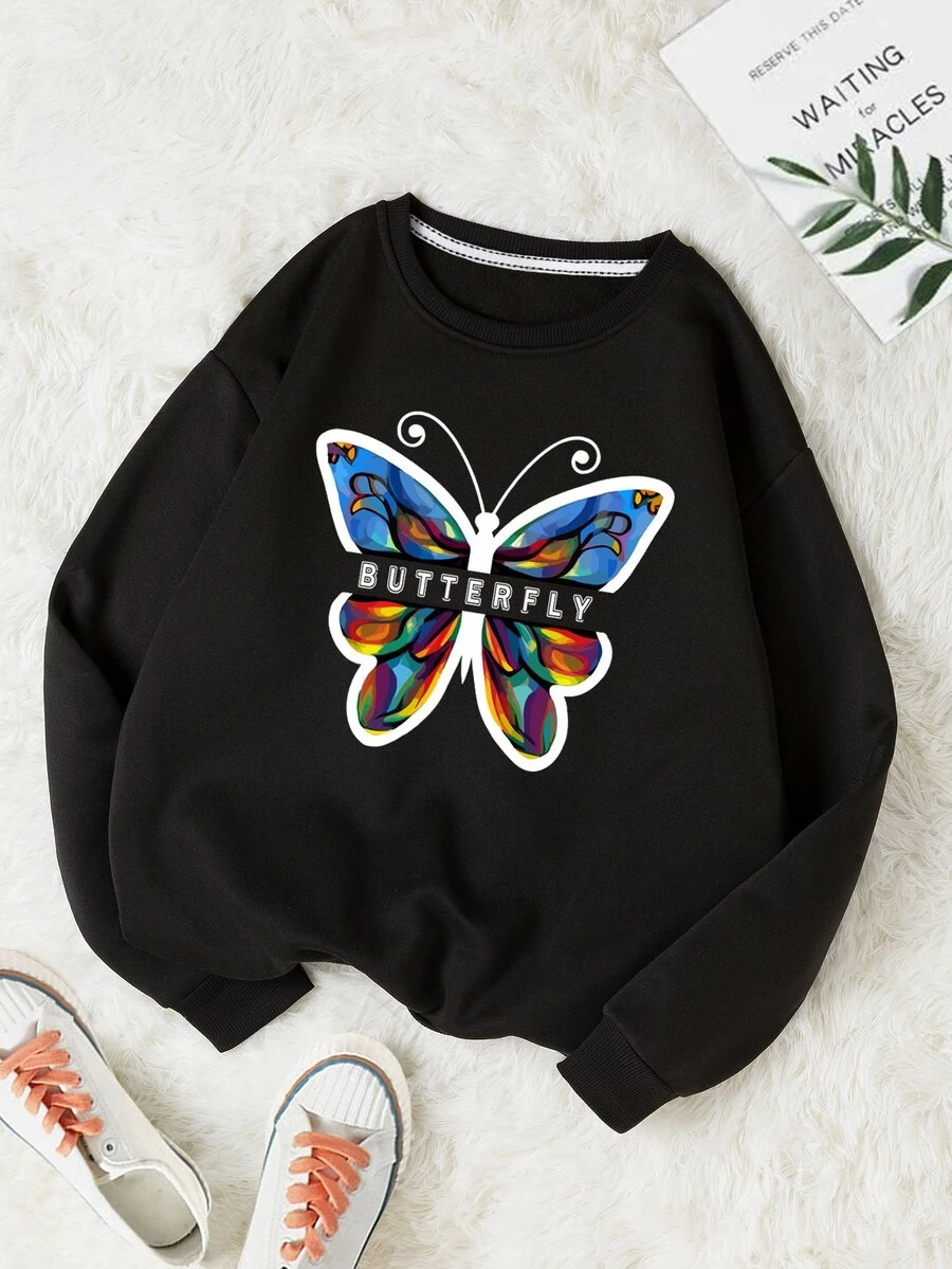 SHEIN EZwear Butterfly & Letter Graphic Thermal Lined Sweatshirt - Black - View 1