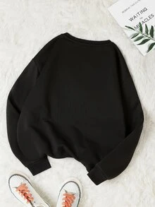 SHEIN EZwear Butterfly & Letter Graphic Thermal Lined Sweatshirt - Black - View 2