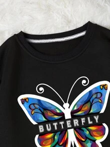 SHEIN EZwear Butterfly & Letter Graphic Thermal Lined Sweatshirt - Black - View 3