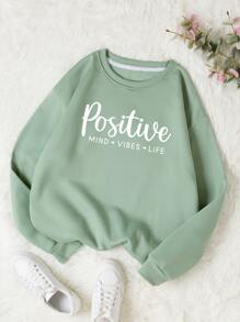 SHEIN Qutie Letter Graphic Drop Shoulder Thermal Sweatshirt - Mint Green - View 1
