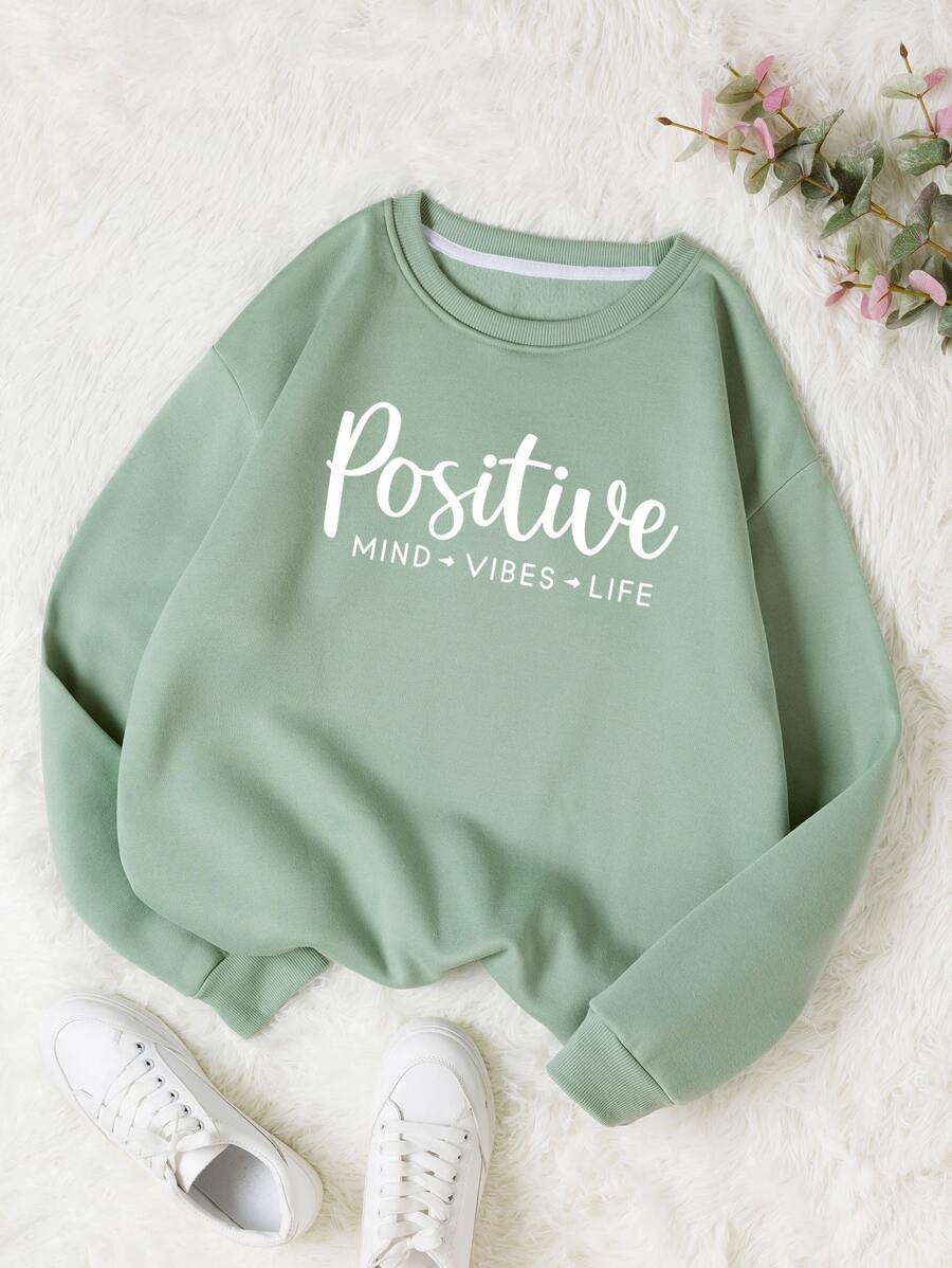 SHEIN Qutie Letter Graphic Drop Shoulder Thermal Sweatshirt - Mint Green - View 1